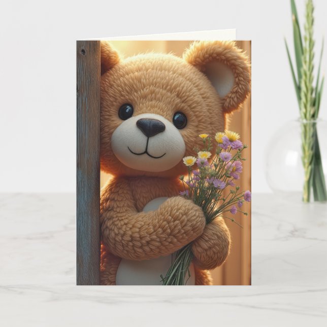Nalle vid födelsedagen med WildblomBouquet Kort (Framsida)