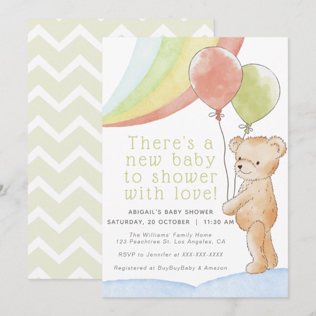 Nalle/w Balloy & Rainbow Baby Shower Inbjudningar (Fram/baksida)