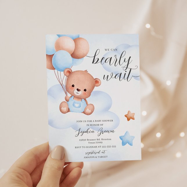 Nalle Watercolor Boy Baby Shower Inbjudningar (Skapare uppladdad)