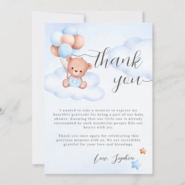 Nalle Watercolor Boy Baby Shower Tack Kort (Framsida)