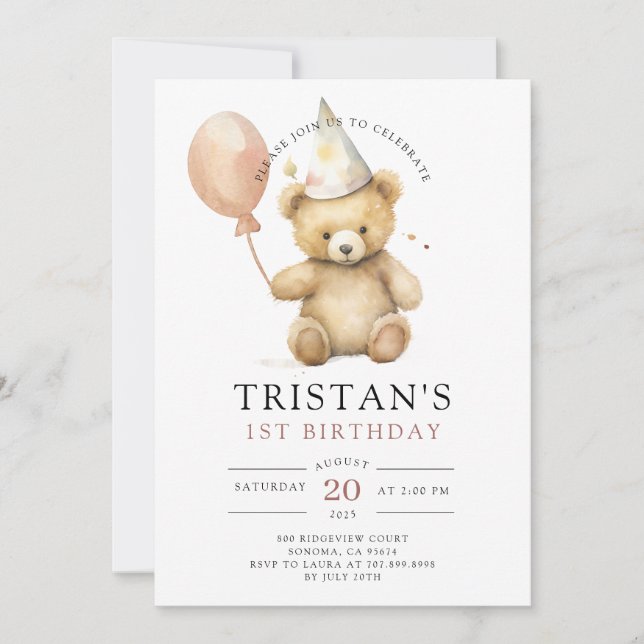 Nalle Watercolor Boy's 1st Birthday Inbjudningar (Framsida)