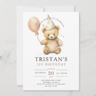 Nalle Watercolor Boy's 1st Birthday Inbjudningar