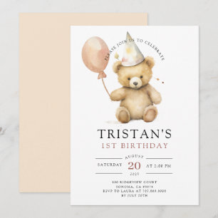 Nalle Watercolor Boy's 1st Birthday Inbjudningar