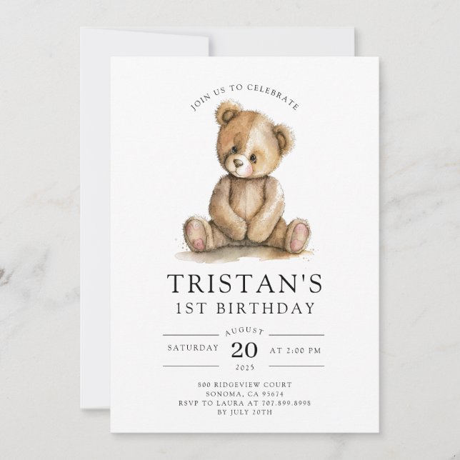 Nalle Watercolor Boy's 1st Birthday Inbjudningar (Framsida)