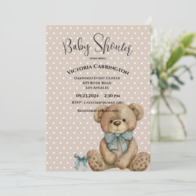 Nalle Watercolor Polkadots Baby Shower Inbjudningar (Stående Fram)