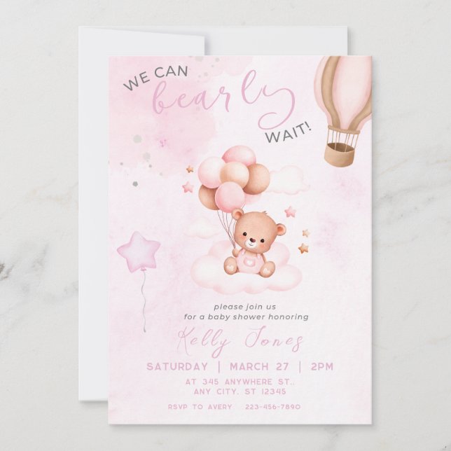 Nalle Watercolor Rosa Girl Baby Shower Inbjudningar (Framsida)