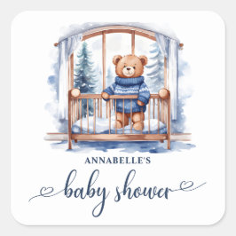 Nalle Winter Boy Baby Shower Fyrkantigt Klistermärke