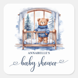 Nalle Winter Boy Baby Shower Fyrkantigt Klistermärke