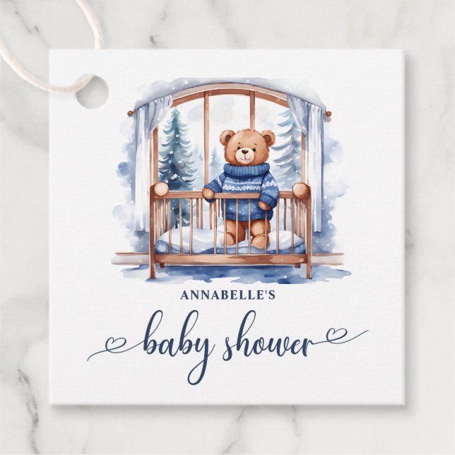 Nalle Winter Boy Baby Shower Gåvor Etiketter (Framsida)
