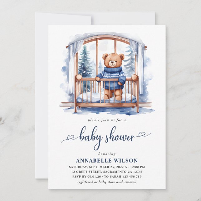 Nalle Winter Boy Baby Shower Inbjudningar (Framsida)