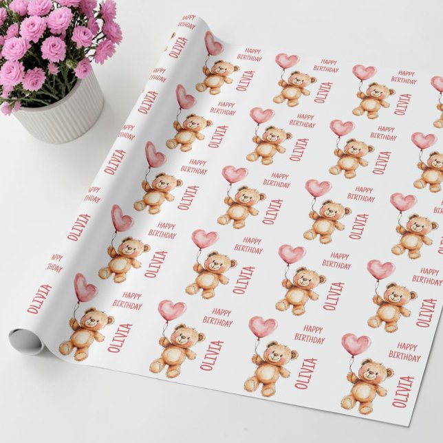 Nallebams söta rosa ballong barnen glad födelsedag presentpapper (Teddy Bear Cute Pink Balloon Kids Happy Birthday Wrapping Paper)