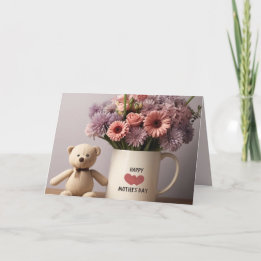 Nallebjörn, blommor & kaffekopp mors dag-kort helgkort
