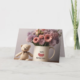 Nallebjörn, blommor & kaffekopp mors dag-kort helgkort