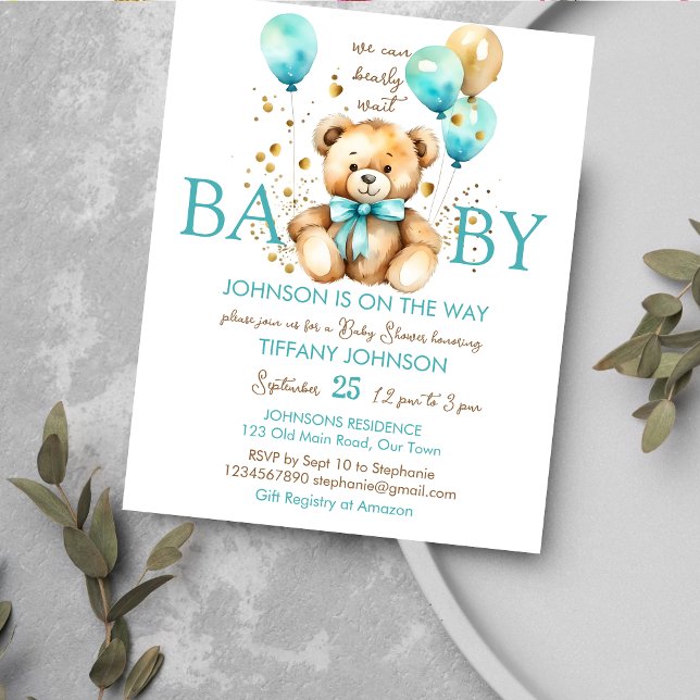 Nallebjörn knappt väntar baby shower budget inbjud (Bearly wait teddy bear baby shower budget affordable invitation cute teddy with a aqua blue balloons)