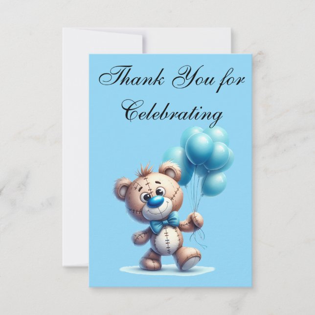 Nallebjörn med blå ballonger tack kort (Framsida)