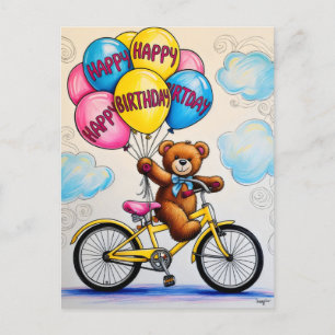 Nallebjörn på cykel som håller ballonger vykort