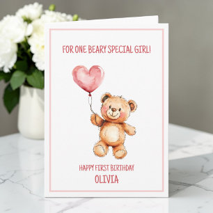 Nallebjörn Söt Rosa Ballong Glad 1-årsdag Kort