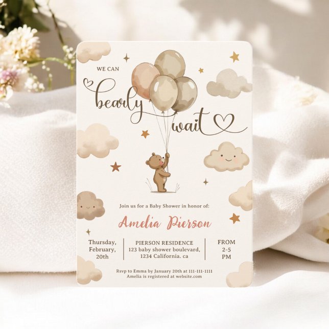 Nallen Baby Shower för Neutralt Barly Wait  Inbjudningar (Cute Neutral Bearly Wait Teddy Bear Baby Shower Invitation)