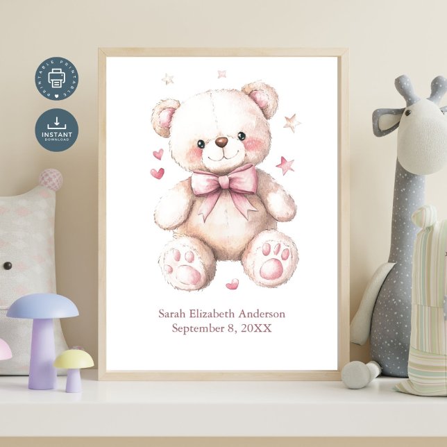 Nallen för Rosa vid Flicka Poster (Birth Stats Personalized Teddy Bear with Pink Bow Poster for Baby Girl Nursery. Add Name Birthday)