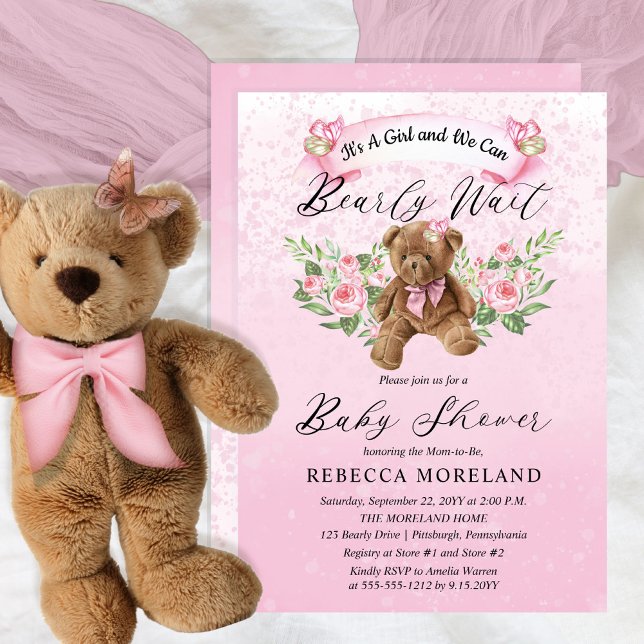 Nallen kan bota vänta Rosa Baby Shower I Inbjudningar (Skapare uppladdad)