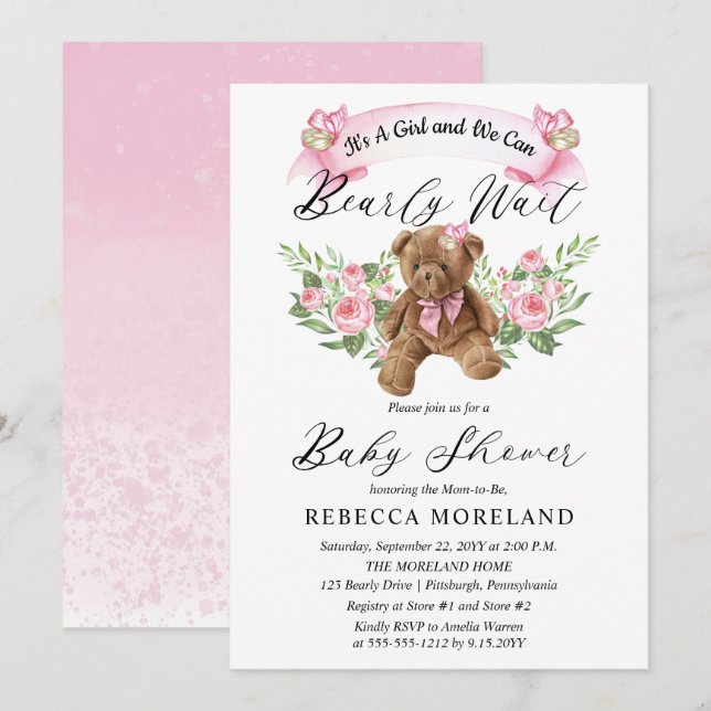 Nallen kan bota vänta Rosa Baby Shower Inbjudningar (Fram/baksida)