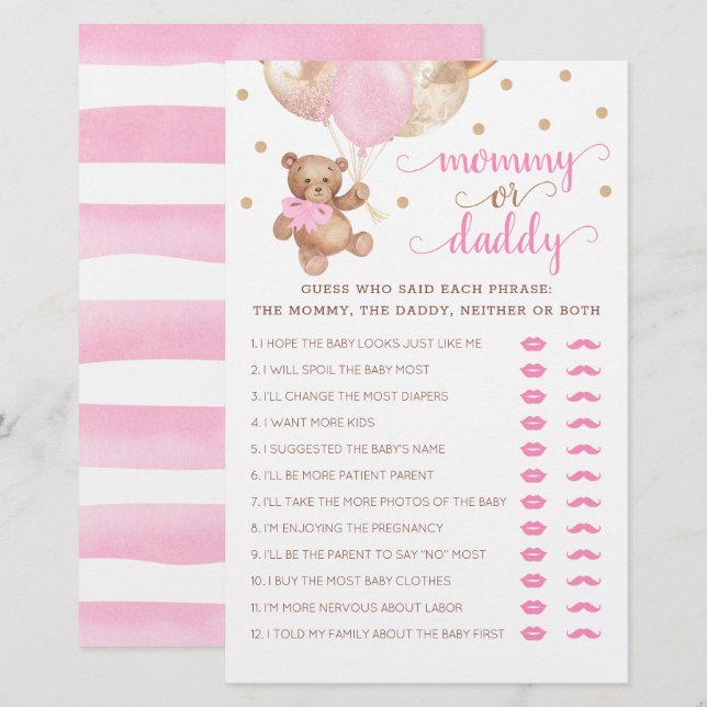 Nallen mamma eller pappa Game Baby Shower (Fram/baksida)