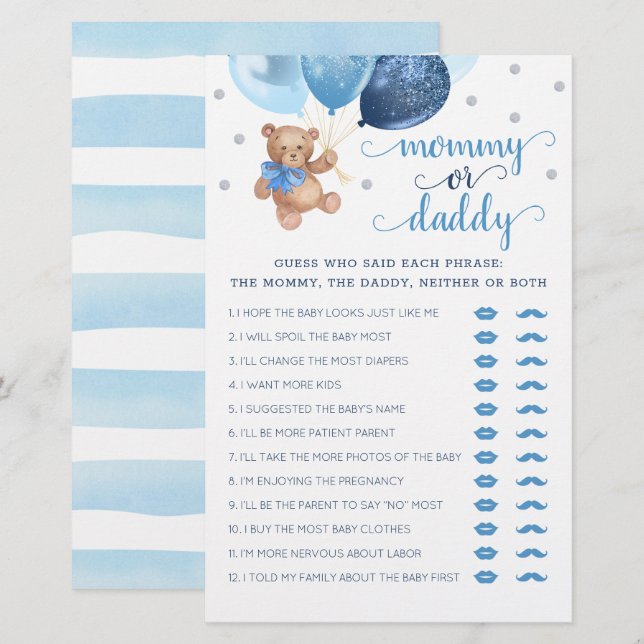 Nallen mamma eller pappa Game Baby Shower (Fram/baksida)