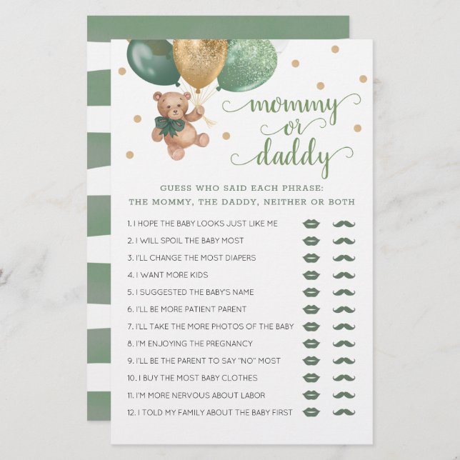 Nallen mamma eller pappa Game Baby Shower (Fram/baksida)