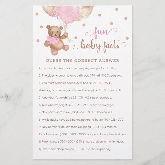 Nallen roligt Baby Facts Game Baby Shower (Framsida)