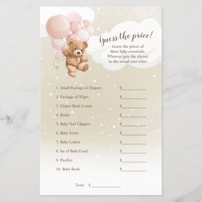 Nallen rosa Balloons gissar Prist spel Flygblad (Framsidan)
