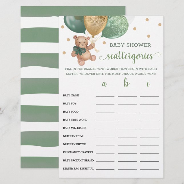 Nallen Sage Baby Shower Scattergories-spel (Fram/baksida)