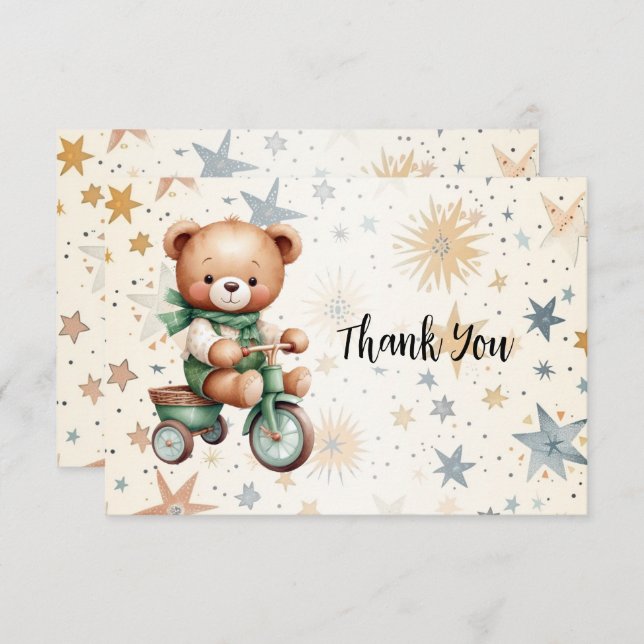 Nallen Vattenfärg Stars Grönt Bike Party Tack Kort (Fram/baksida)