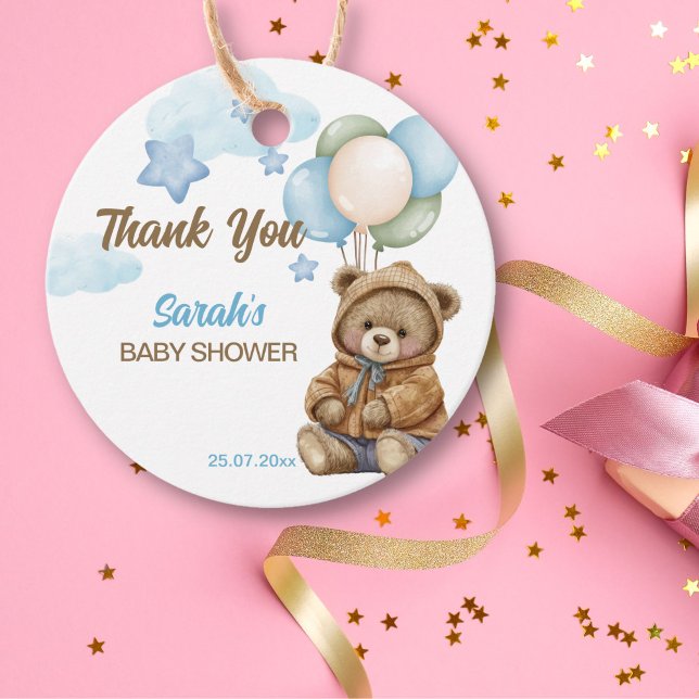 Nallens babydusch, vänta på tack gåvor etiketter (Teddy bear with balloons baby shower favor gift tags bearly wait baby shower favor tags)