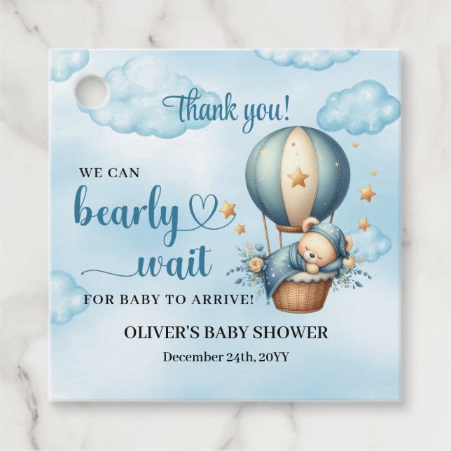 Nallens luftballong vänta blått gåvor etiketter (Framsida)