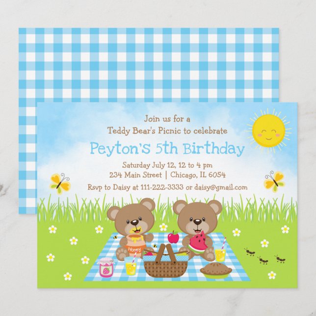 Nallens Picnic Blue Gingham Birthday Inbjudningar (Fram/baksida)
