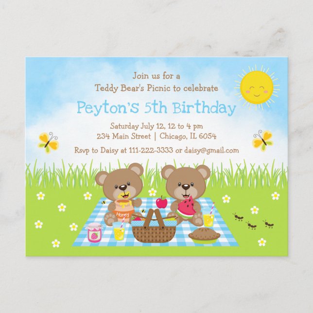 Nallens Picnic Blue Gingham Birthday Vykort (Framsida)