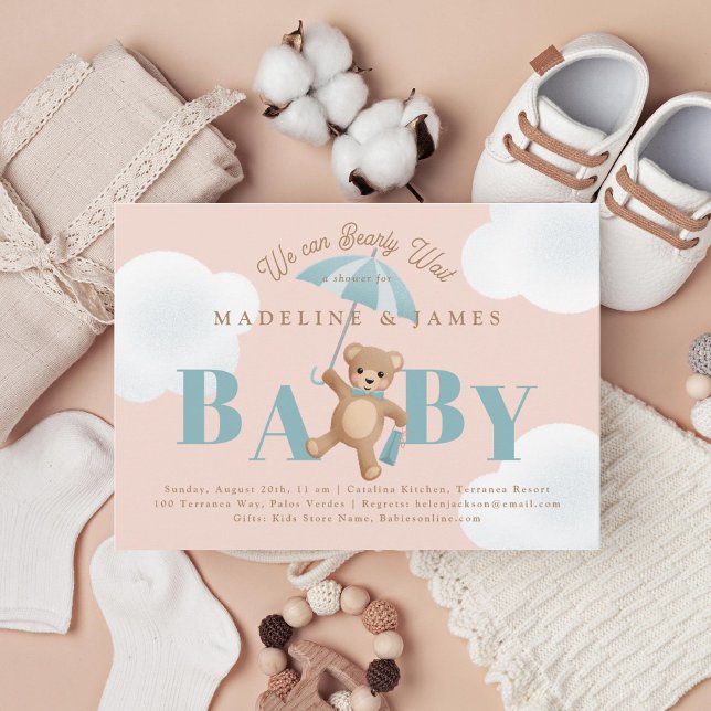 Nallens Rosa och Blue Barly Wait Baby Shower Inbjudningar (Skapare uppladdad)