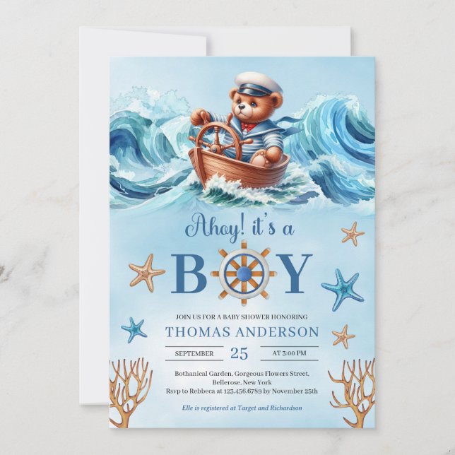 Nallens sjöman Ahoy Det är en pojke. Inbjudningar (Framsida)