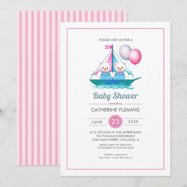 Nallens utformning Twin Girls Baby Shower Inbjudningar (Fram/baksida)