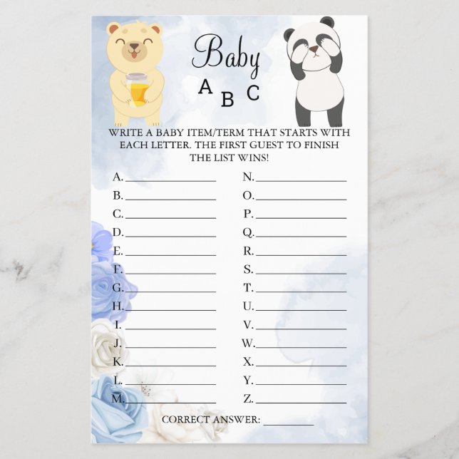 Nalles Baby ABC Shower Game Card Flygblad (Framsidan)