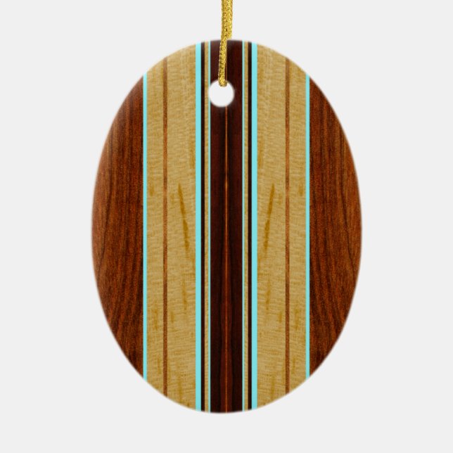 Nalu Hou Faux Koa Wood Surfboard Julgransprydnad Keramik (Framsidan)