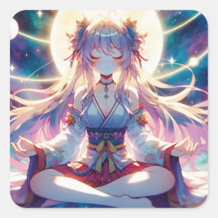 Namaste Anime Girl Meditating Fyrkantigt Klistermärke