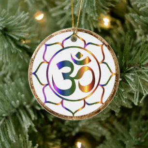 Namaste Aum (Om) och Lotus med Guld Bronze Gräns Julgransprydnad Keramik