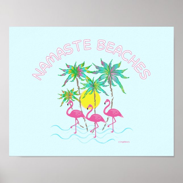 Namaste Beacher Flamingos Zen Yoga Roligt Art Post Poster (Framsidan)
