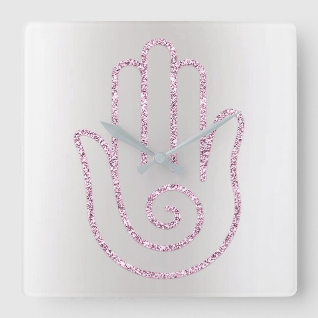 Namaste Hälsning Grått Glitter Rosa Hand Fyrkantig Klocka (Framsida)