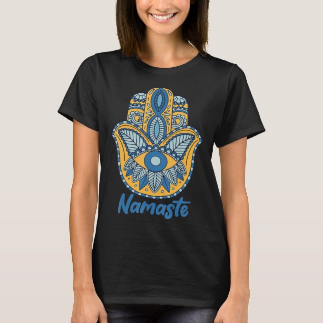 Namaste Hamsa Hand Yoga Hinduism Fatima Arabiska F T Shirt (Framsida)