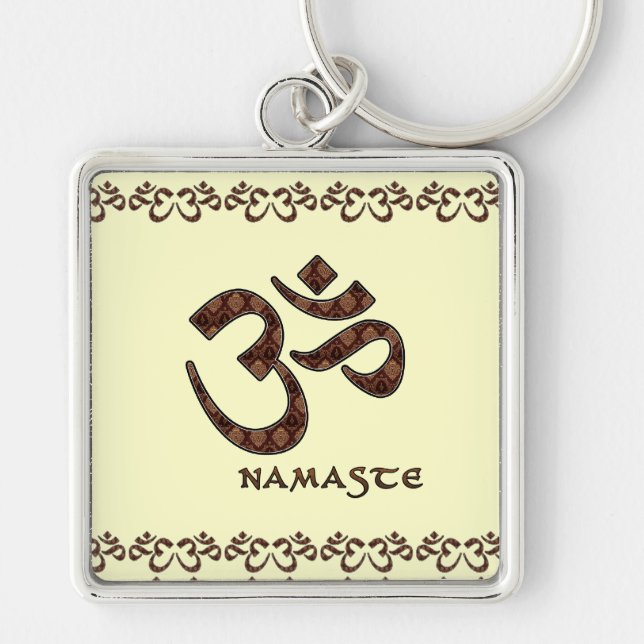 Namaste med Om-symbolbrunt och kräm Fyrkantig Silverfärgad Nyckelring (Framsidan)