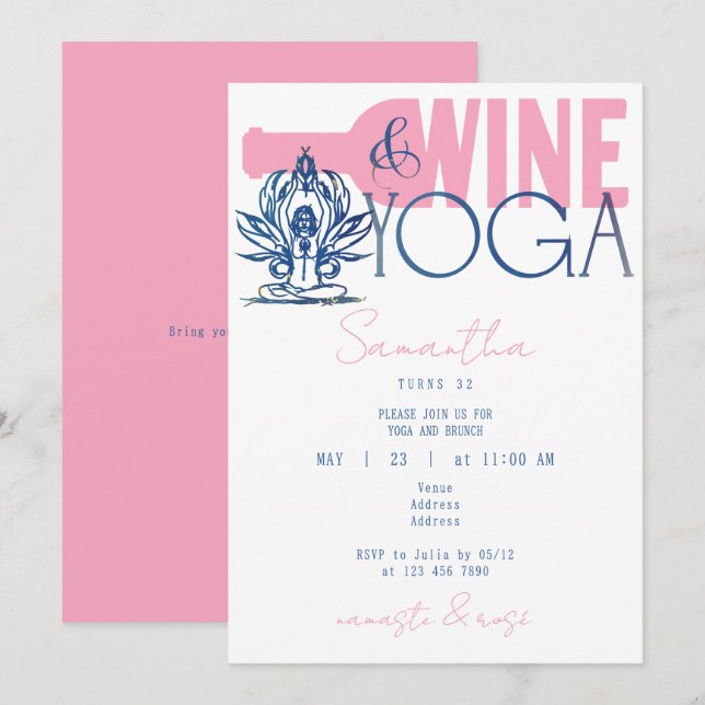 Namaste & Ro Minimal Birthday Vin & Yoga Brunch Inbjudningar (Fram/baksida)