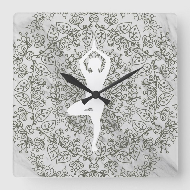 Namaste Yoga Pose| Mandala Mönster Fyrkantig Klocka (Framsida)