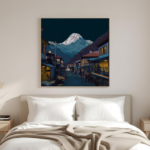 Namche Bazaar Everest Night View Illustrated Canvastryck